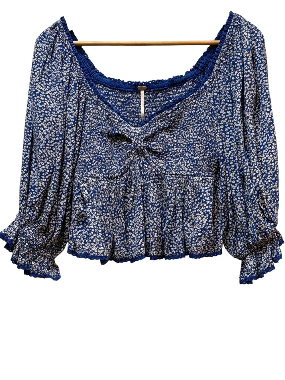 Free People Boho Babydoll Top XS Smocked Sweetheart Lace Puff Sleeve NWOT